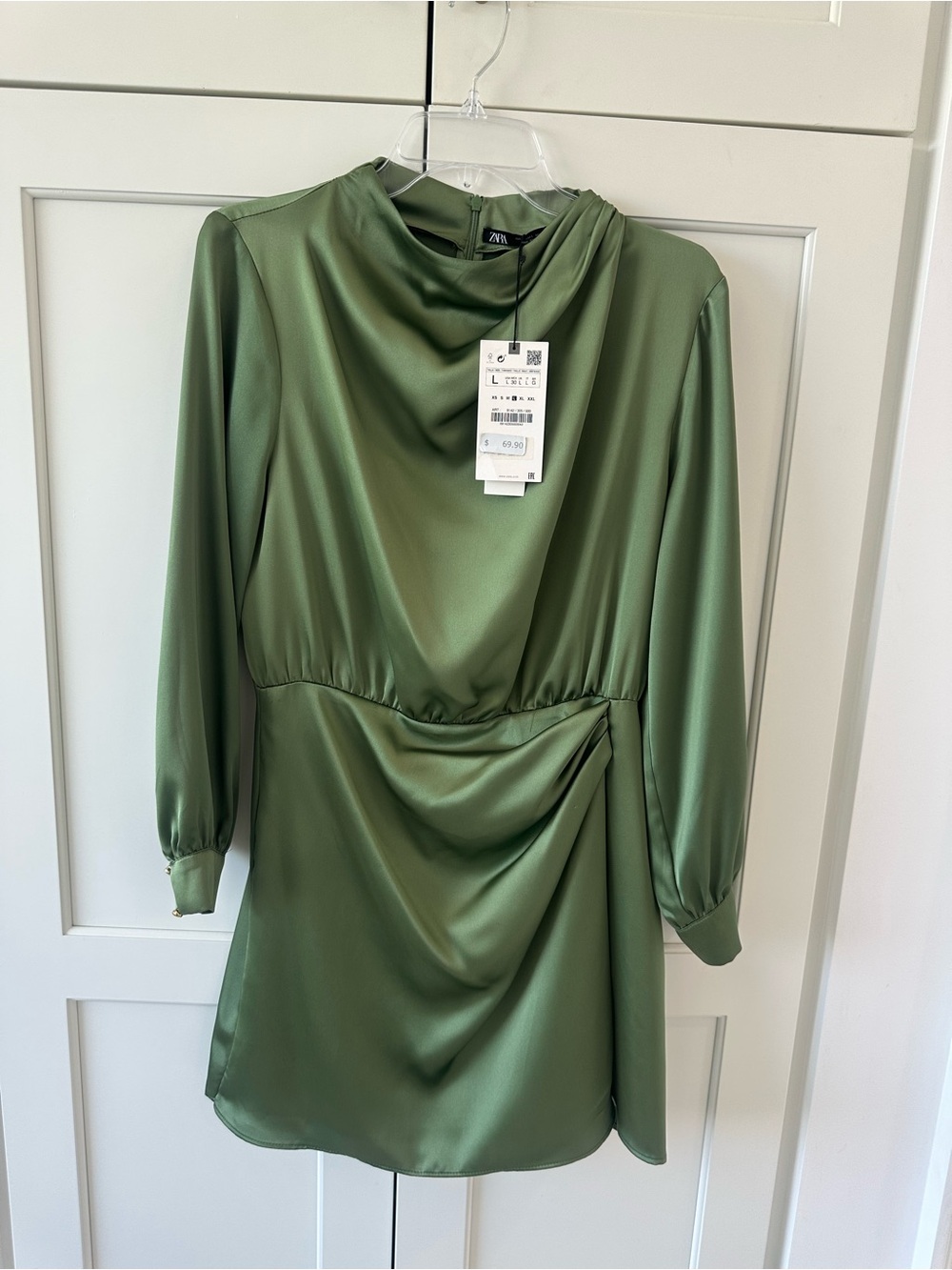 Zara Olive Satin Long-Sleeve Draped Mini Dress